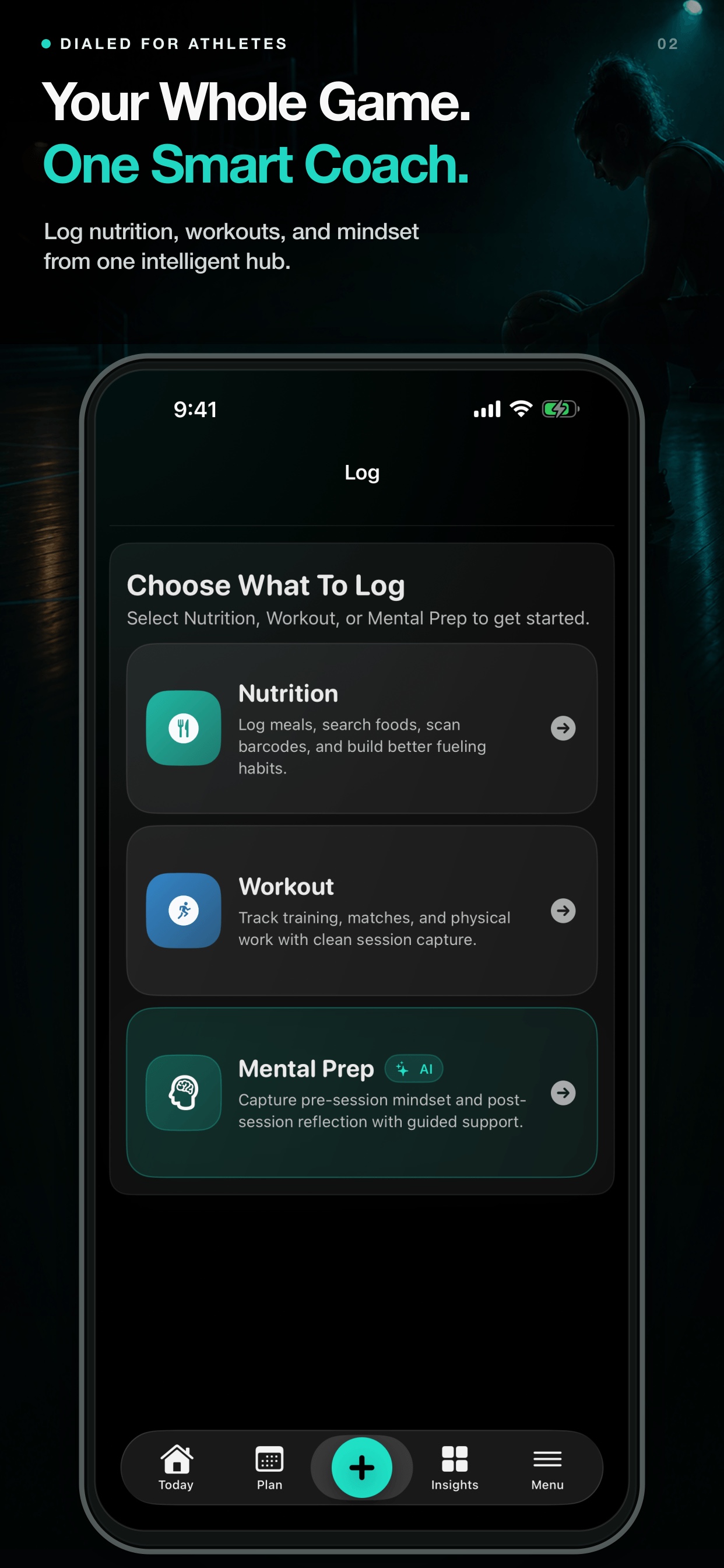 Dialed Log screen for nutrition, workouts, and mental preparation