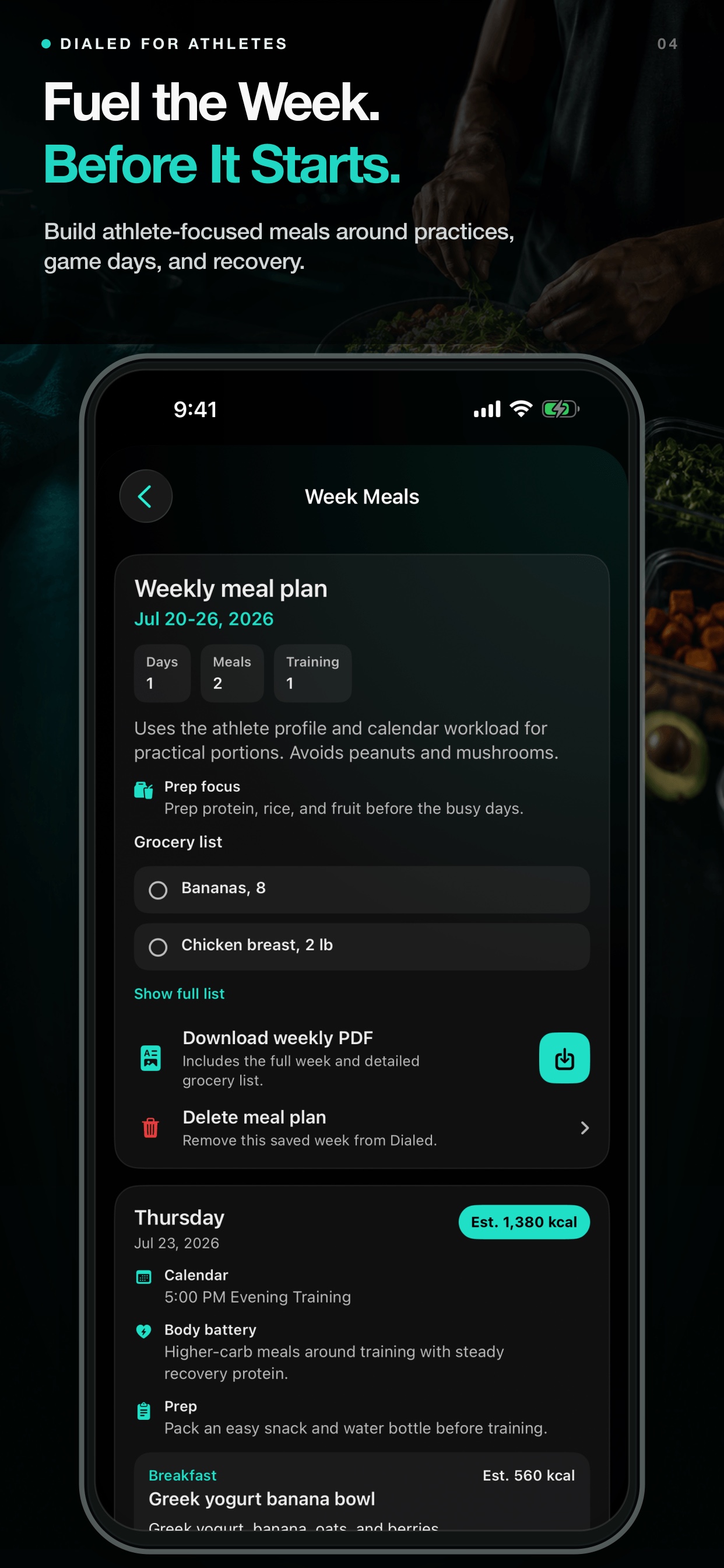 Dialed weekly meal planning screen built around practices, games, and recovery
