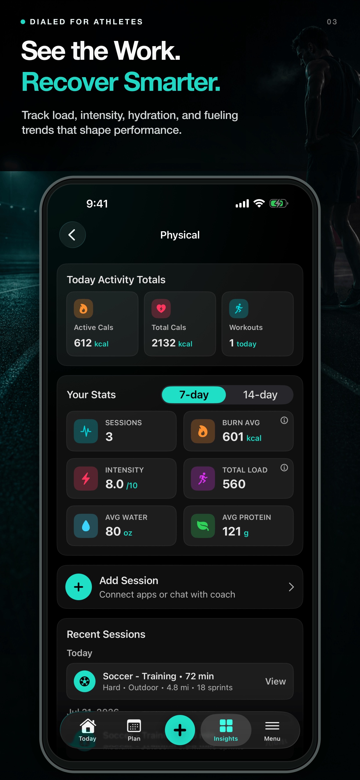 Dialed Physical insights screen showing load, intensity, hydration, and fueling trends