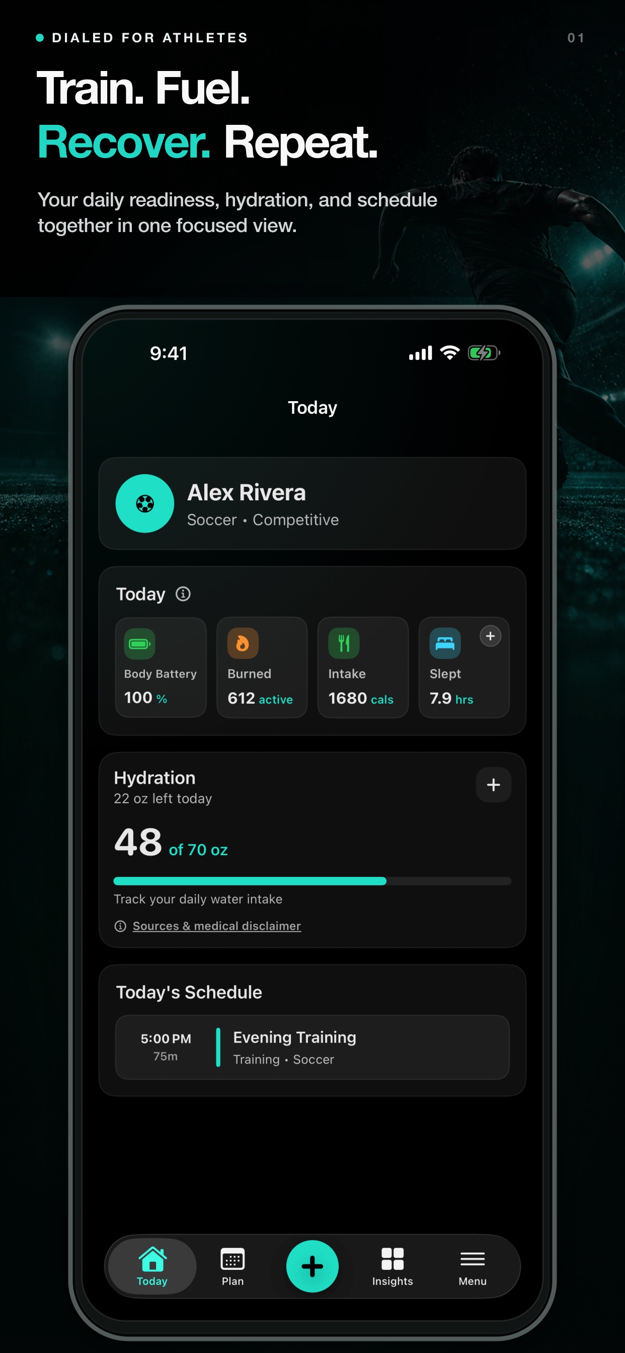 Dialed Today screen bringing readiness, hydration, activity, and schedule into one view