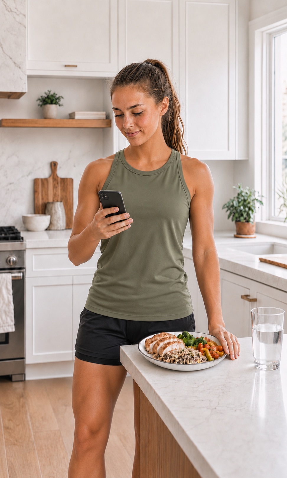 Athlete reviewing nutrition information beside a balanced meal